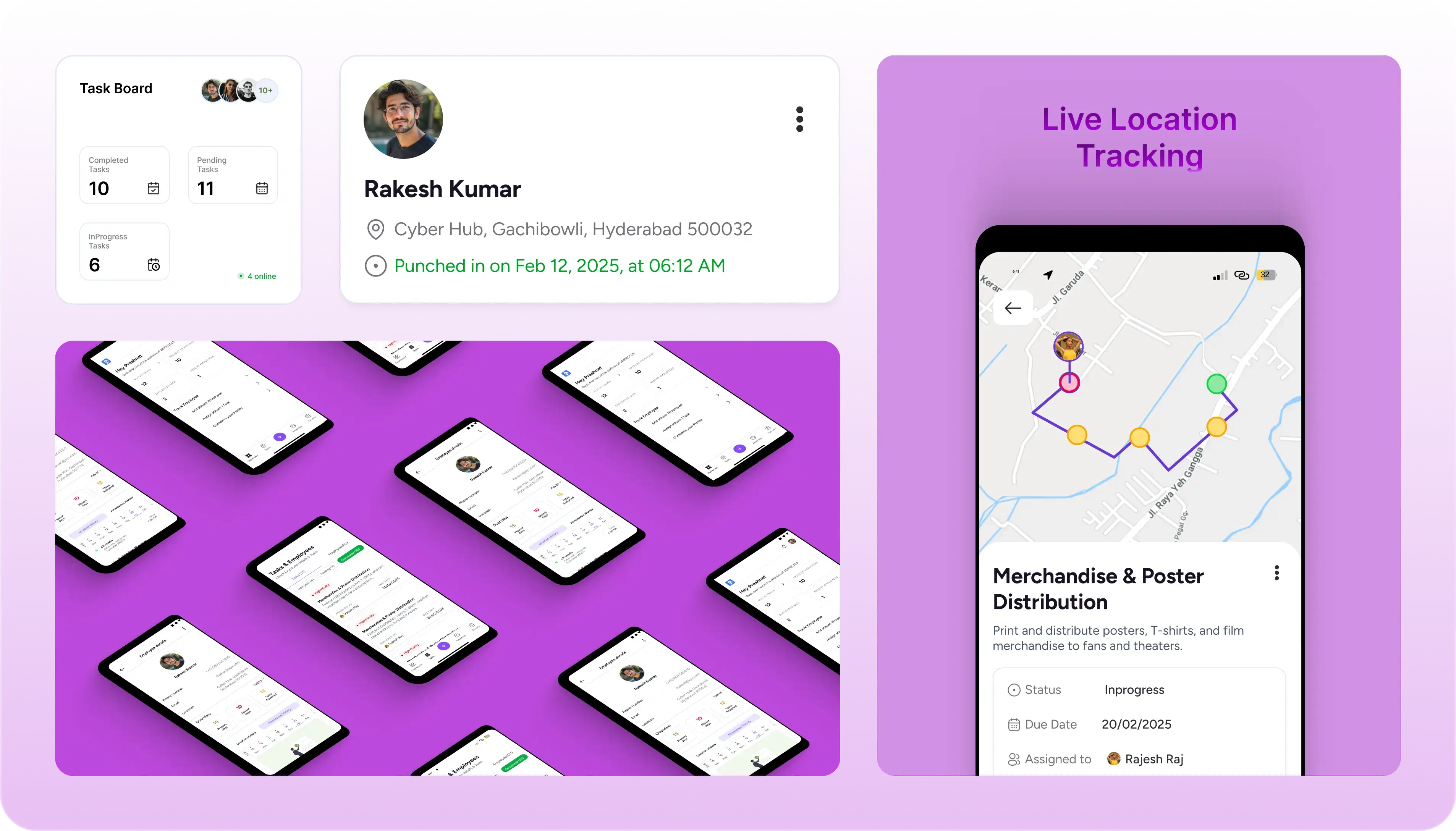 QBeeDesk dashboard interface showing employee tracking, task management, and HR tools in a modern grid layout
